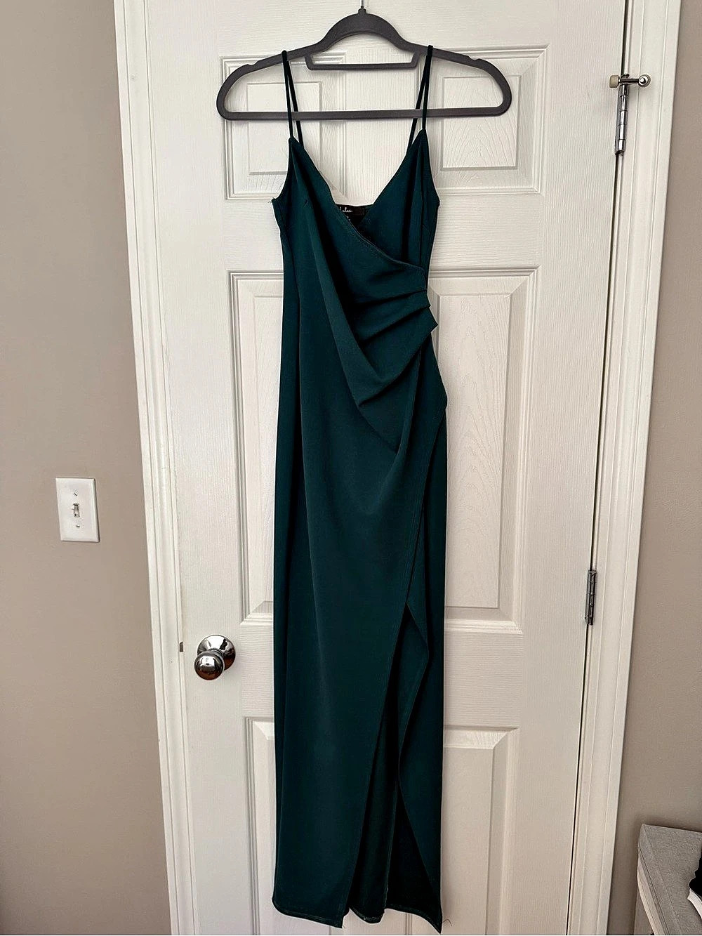 Lulus Fondly Loved Dark Green Satin Wrap Maxi Dress XS